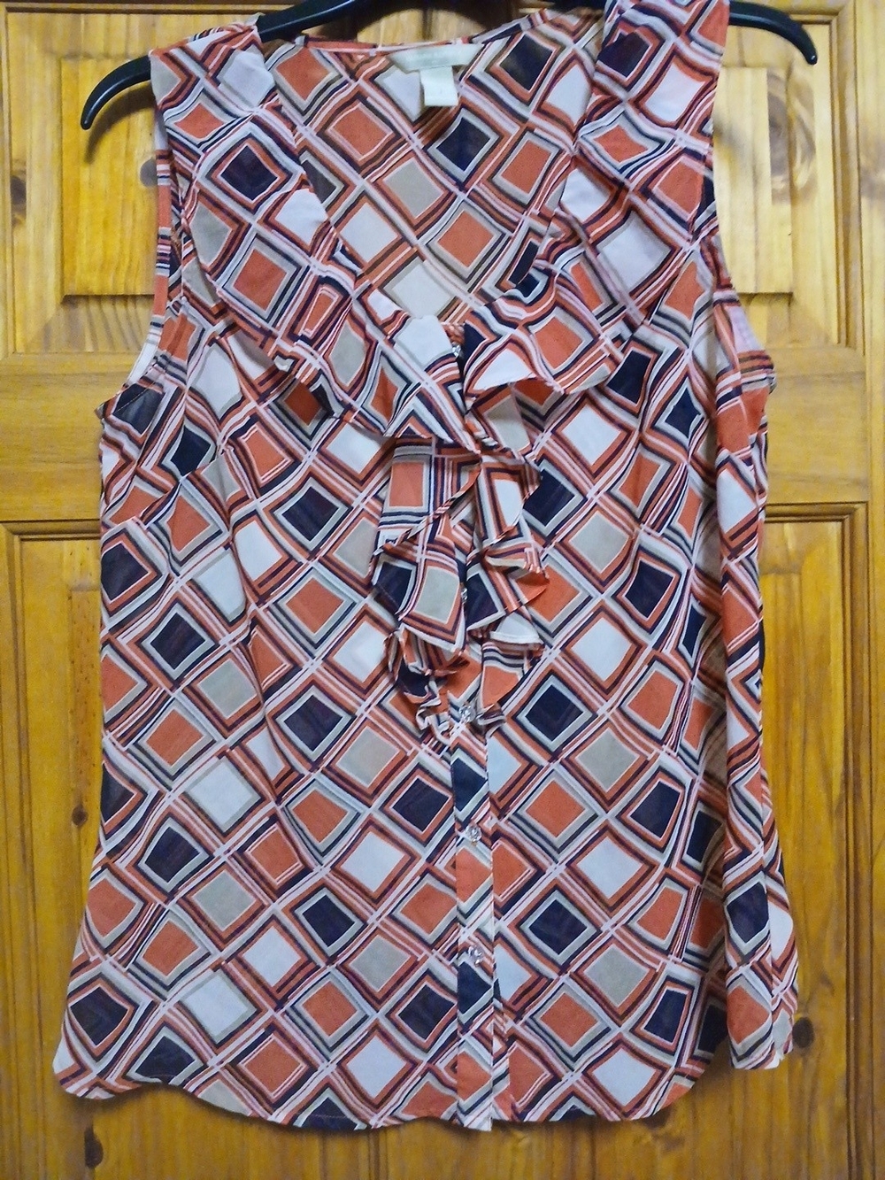 Banana Republic Rust Navy and White Geometric Ruffle Front Blouse